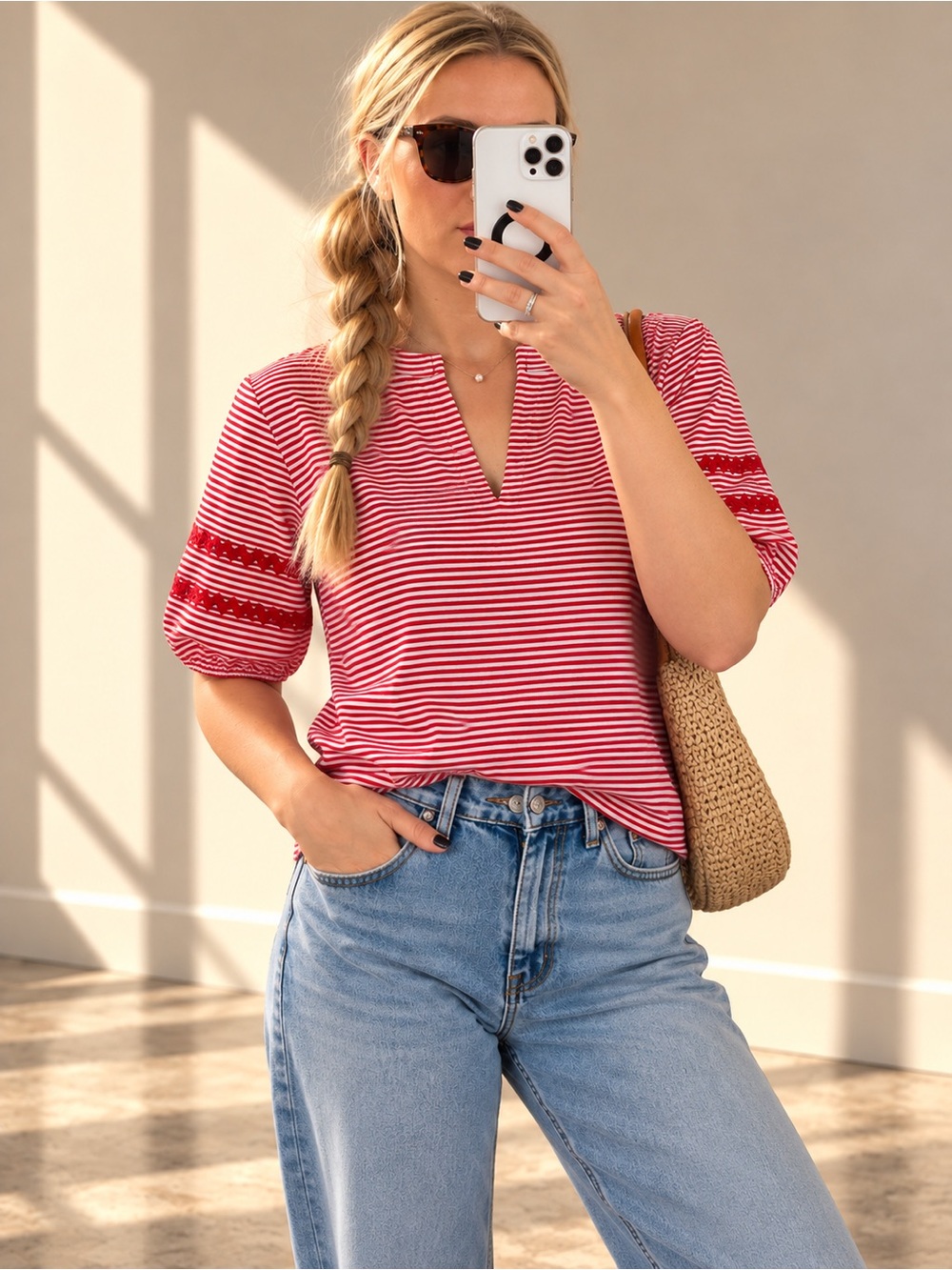 Talbots Red White Striped Ric Rac Cotton Top NWT M